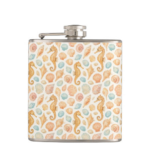 Seashell and seahorse watercolor pattern hip flask