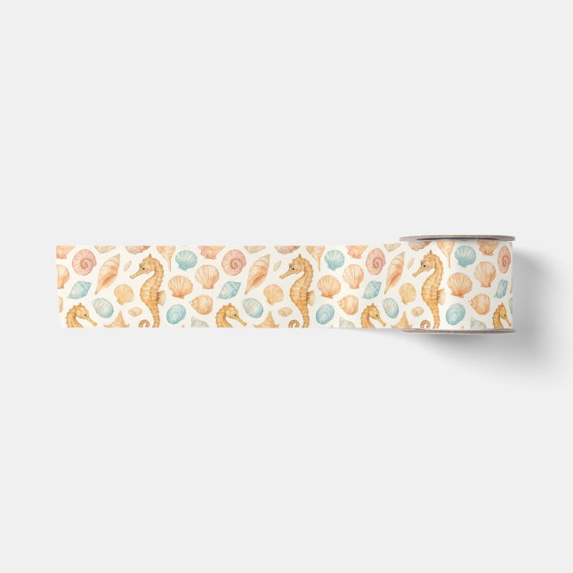 Seashell and seahorse watercolor pattern satin ribbon (Front)