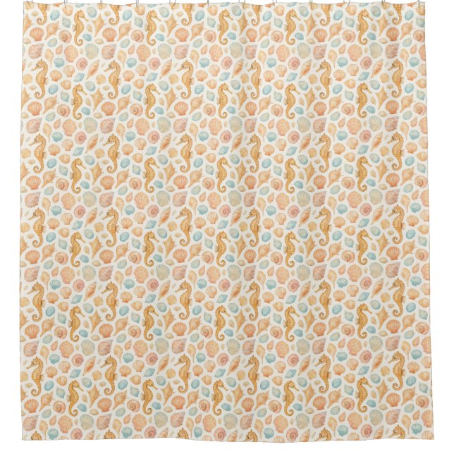 Seashell and seahorse watercolor pattern shower curtain (Front)