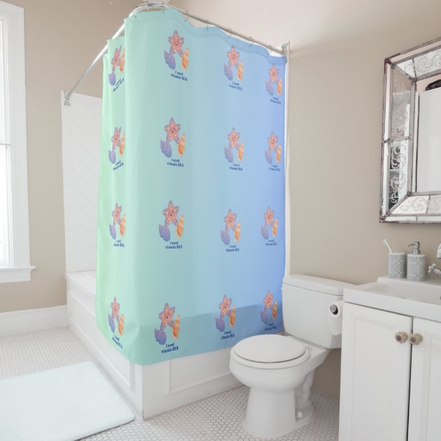 Seashell and Starfish Blue Gradient Shower Curtain (In Situ)