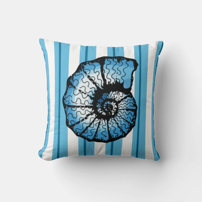 Seashell and Stripes in Ocean Colours Cushion (Front)