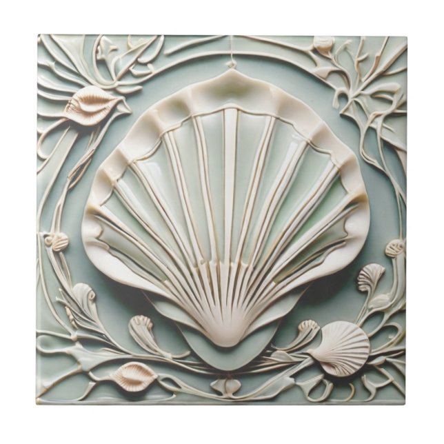 Seashell Art Nouveau Faux Relief Mint White Shell Tile (Front)