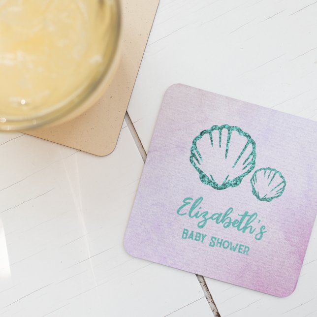 Seashell Baby Shower Square Paper Coaster (Creator Uploaded)