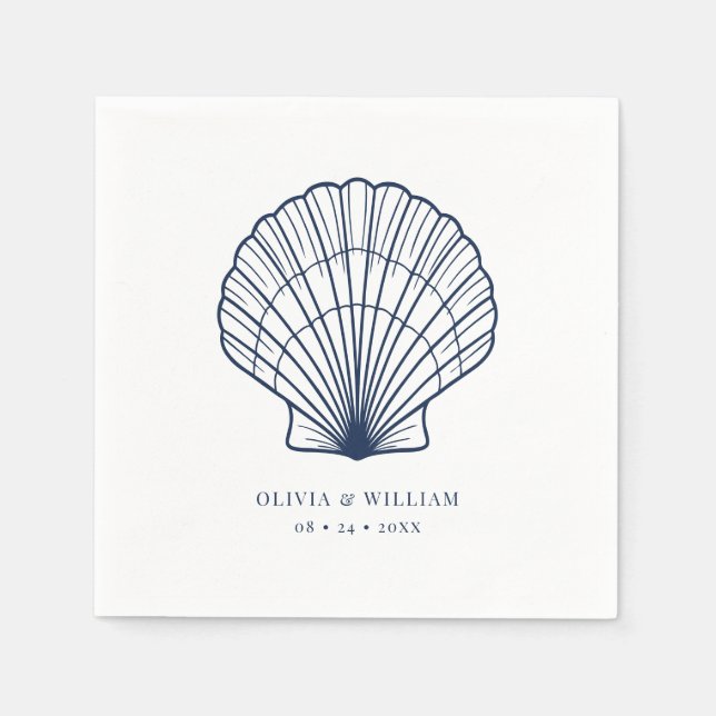 Seashell Beach Navy Blue Coastal Wedding Napkin (Front)