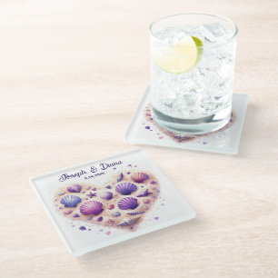 Seashell Beach Valentine Anniversary Names Glass Coaster