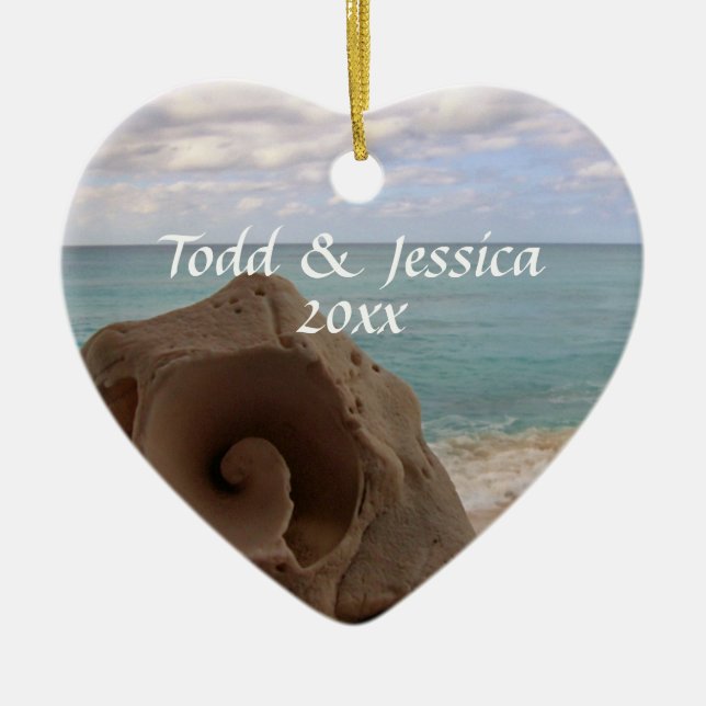 Seashell Beach Wedding | 1st Christmas Ceramic Tree Decoration (Front)