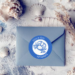 Seashell Beach Wedding Blue White CUSTOM  Classic Round Sticker<br><div class="desc">Perfect cute sticker for a fun wedding! Hand made art for you! Perfect for a wedding, seaside bridal shower, bachelorette party, engagement party, or birthday. FULLY CUSTOMIZABLE! Click "personalise" to edit the text. Click "edit using design tool" to adjust the fonts, colours and placements and to add text if you...</div>