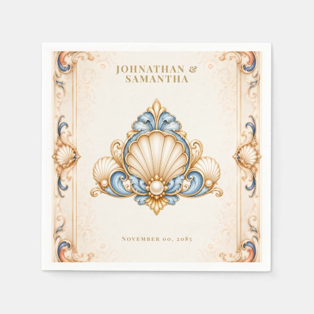 Seashell beach wedding coastal serviettes blue napkin (Front)