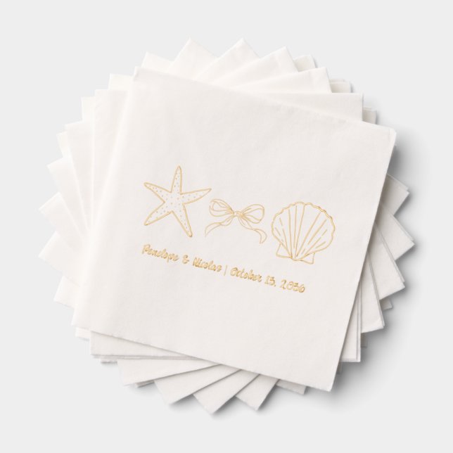 Seashell Beach Wedding Gold Foil Wedding Napkins (Insitu (Stacked))