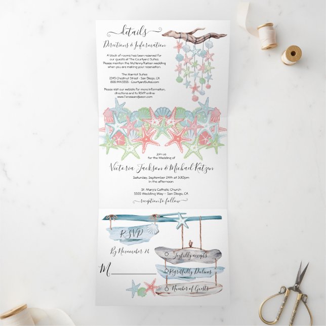Seashell Beach Wedding Tri-Fold Invitation (Inside)