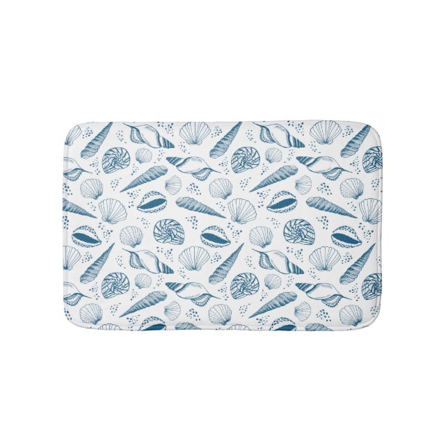 Seashell Blue White beach Bath Mat (Front)