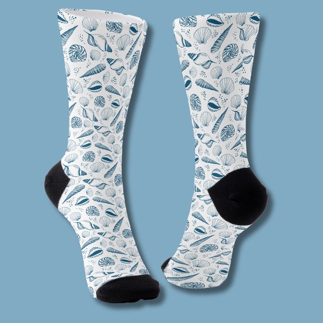 Seashell Blue White beach Socks (Coastal chic blue seashell nautical beach vibe patterned socks)
