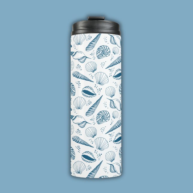 Seashell Blue White beach Thermal Tumbler (Coastal chic blue seashell nautical beach vibe thermal tumbler)