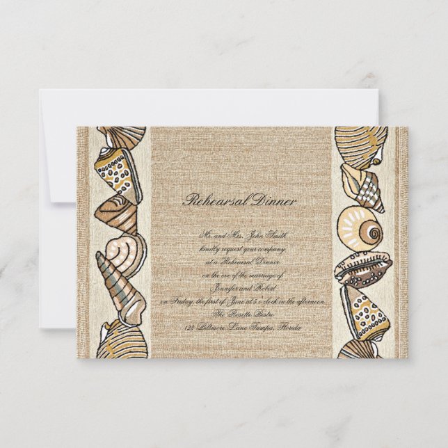 Seashell Border on Brown Weave Wedding Rehearsal Invitation (Front)