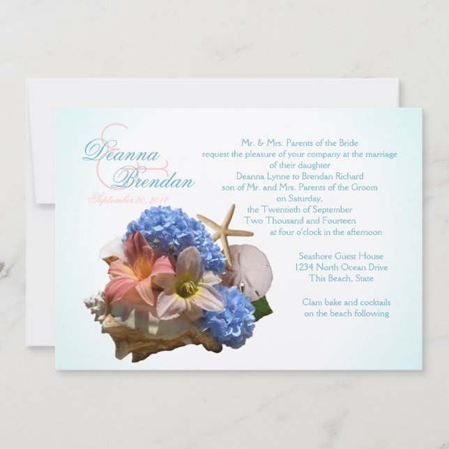 Seashell Bouquet and Starfish Destination Wedding Invitation (Front)