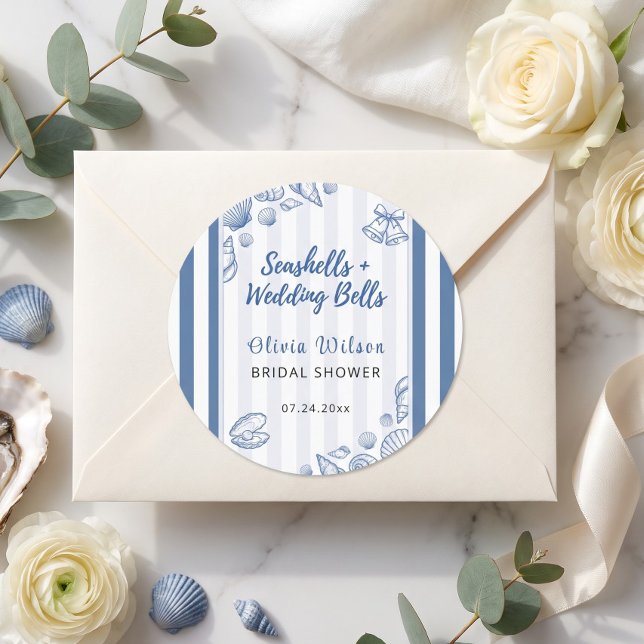 Seashell Bridal Shower Blue Nautical Custom Classic Round Sticker (Seashell Bridal Shower Blue Nautical Custom Classic Round Sticker)