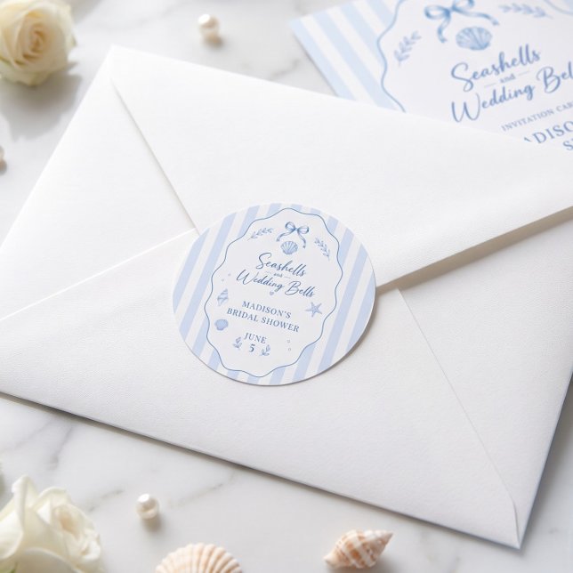 Seashell Bridal Shower Blue Striped Bow Classic Round Sticker (Seashell Bridal Shower Blue Striped Bow Classic Round Sticker)