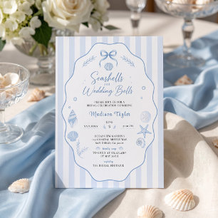 Seashell Bridal Shower Blue Striped Bow Invitation