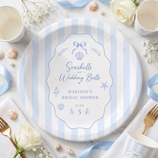 Seashell Bridal Shower Blue Striped Bow Paper Plate (Seashell Bridal Shower Blue Striped Bow Paper Plates)