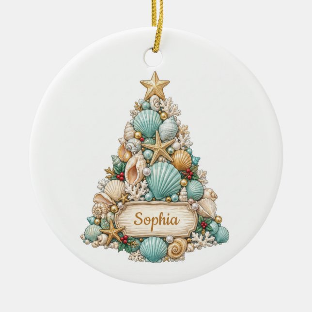 Seashell Christmas Tree Custom Name Ornament (Front)