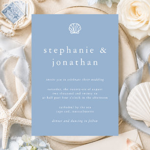 Seashell Coastal Beach Dusty Blue Minimal Wedding  Invitation