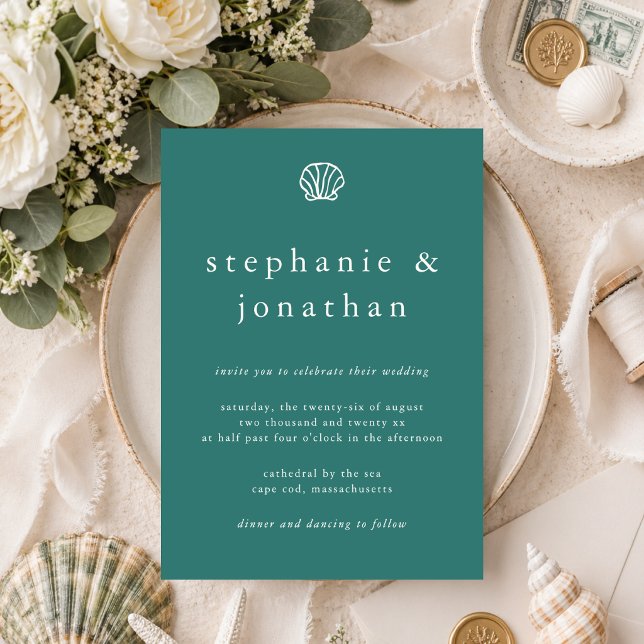 Seashell Coastal Beach Ocean Teal Minimal Wedding  Invitation (Creator Uploaded)