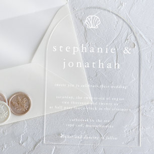 Seashell Coastal Beach White Minimal Wedding  Acrylic Invitations