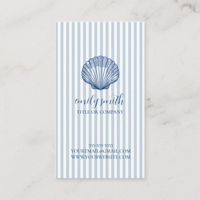 Seashell Coastal Blue Stripe Business Card (Front)