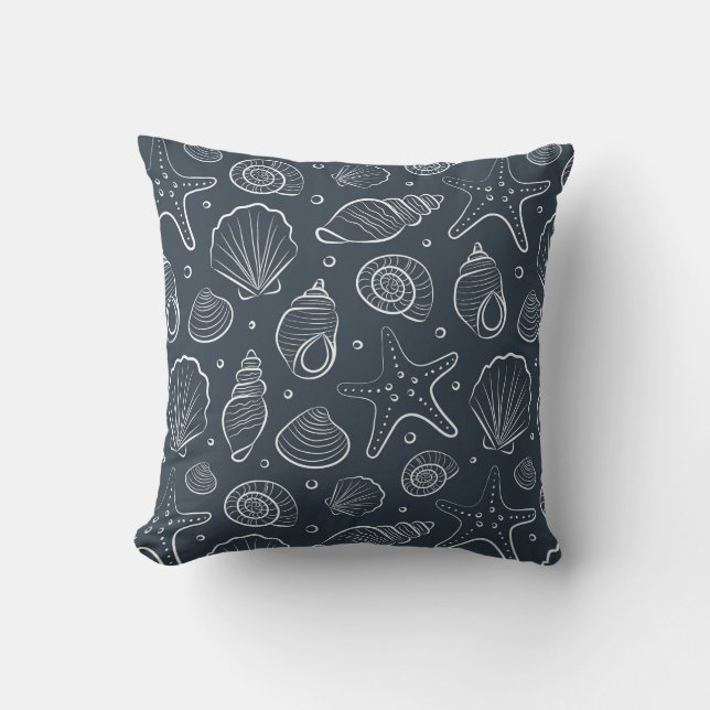 Seashell Coastal Nautical Boho Beach Dark Blue Cushion (Front)