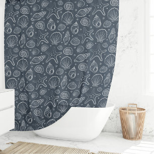 Seashell Coastal Nautical Boho Beach Dark Blue Shower Curtain