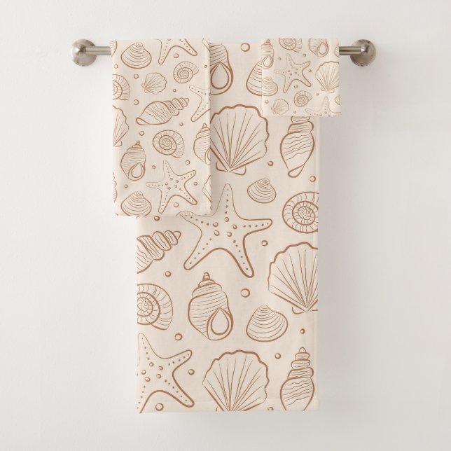 Seashell Coastal Nautical Boho Beach Neutral Cream Bath Towel Set (Insitu)