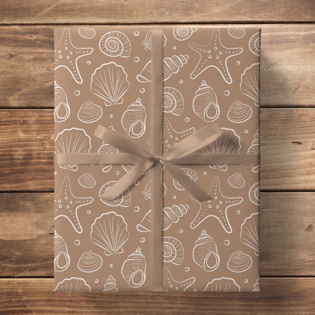 Seashell Coastal Nautical Boho Beach Neutral Tan Wrapping Paper (Creator Uploaded)