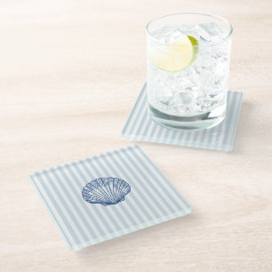 Seashell Coastal Painting Nautical Stripe Glass Coaster