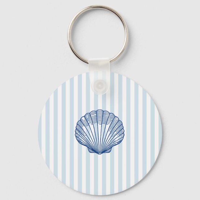 Seashell Coastal Painting Nautical Stripe  Key Ring (Front)
