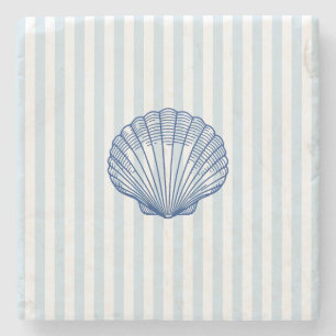 Seashell Coastal Painting Nautical Stripe  Stone Coaster