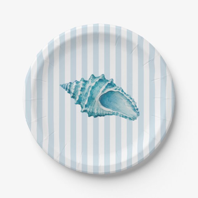 Seashell Conch Shell Painting Nautical Stripe  Paper Plate (Front)