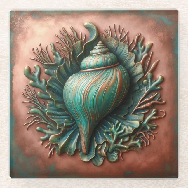 Seashell Copper and Patina Beach House Glass Coaster (Front)