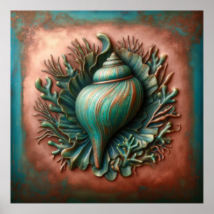 Seashell Copper and Patina Beach House Poster