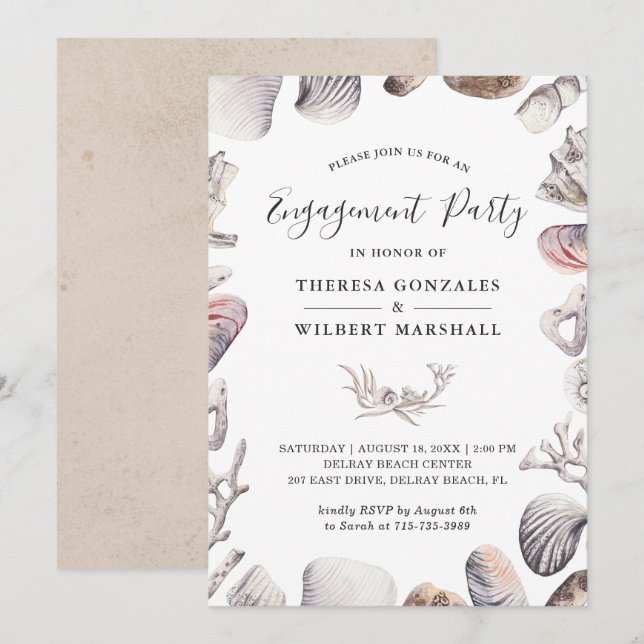 Seashell Coral Beach Engagement Party Invitation (Front/Back)
