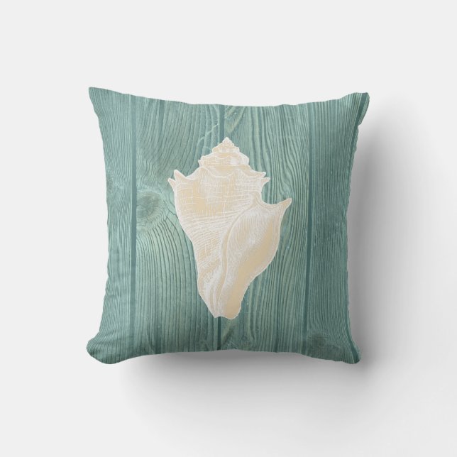 Seashell Cream Vintage Aqua Wood Pillow (Front)