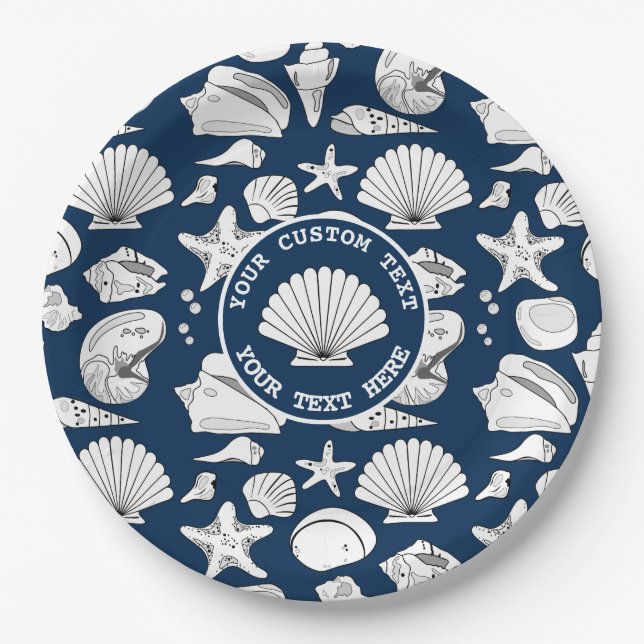 Seashell Custom Nautical Navy Blue 9"  Paper Plate (Front)
