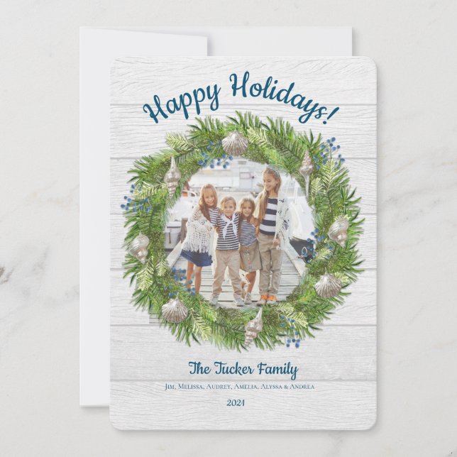 Seashell Evergreen Wreath Holiday Photo Card (Front)