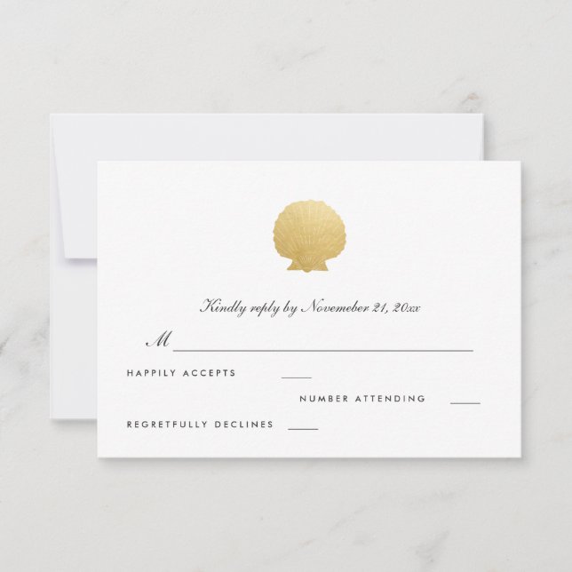 Seashell Faux Gold Foil | Ocean Wedding RSVP Card (Front)