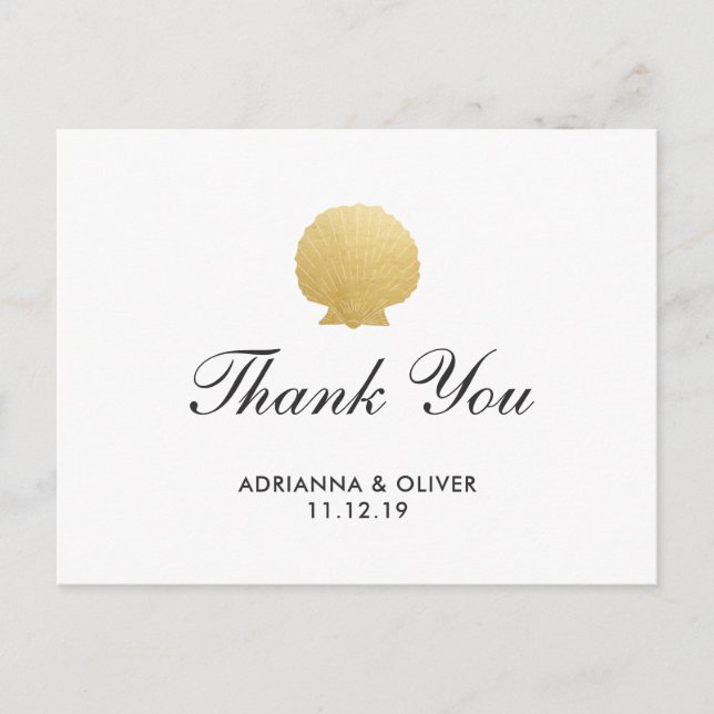 Seashell Faux Gold Foil | Ocean Wedding Thank You Postcard (Front)