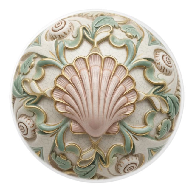 Seashell Faux Relief Sea Shell Cream Gold & Green Ceramic Knob (Front)