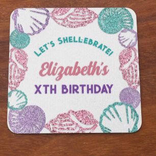 Seashell Girls Birthday Square Paper Coaster