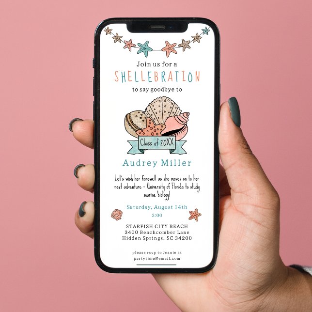 Seashell Graduate Going Away Farewell Invitation (Sized for easy texting!)