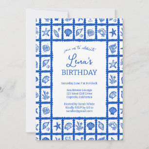 Seashell Grid Beach Birthday Party Blue CUSTOM Invitation