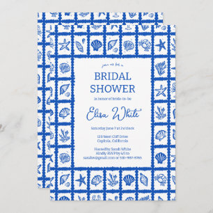 Seashell Grid Beach Bridal Shower Blue CUSTOM QR Invitation