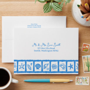 Seashell Grid Beach Wedding Blue White CUSTOM  Envelope